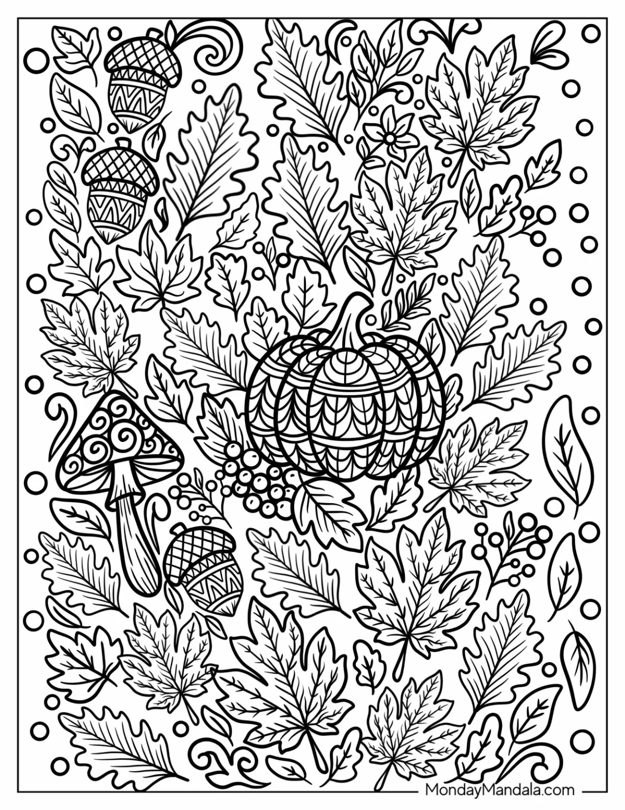 Ornate Fall Scene with Acorns, Berries, and Forest Leaves Coloring Page coloring page