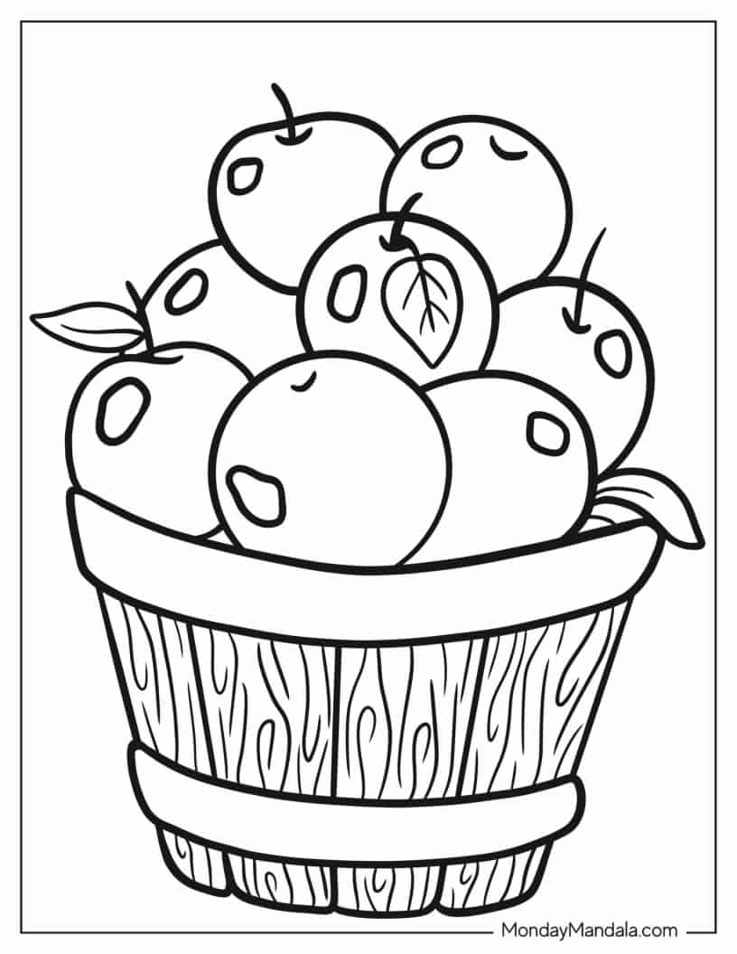 Outline Of Apples In Basket Coloring Page For Preschoolers coloring page — printable line art