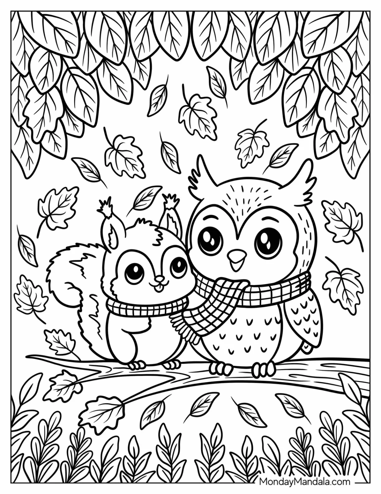 Owl and Squirrel Sharing a Scarf in Autumn Coloring Page coloring page
