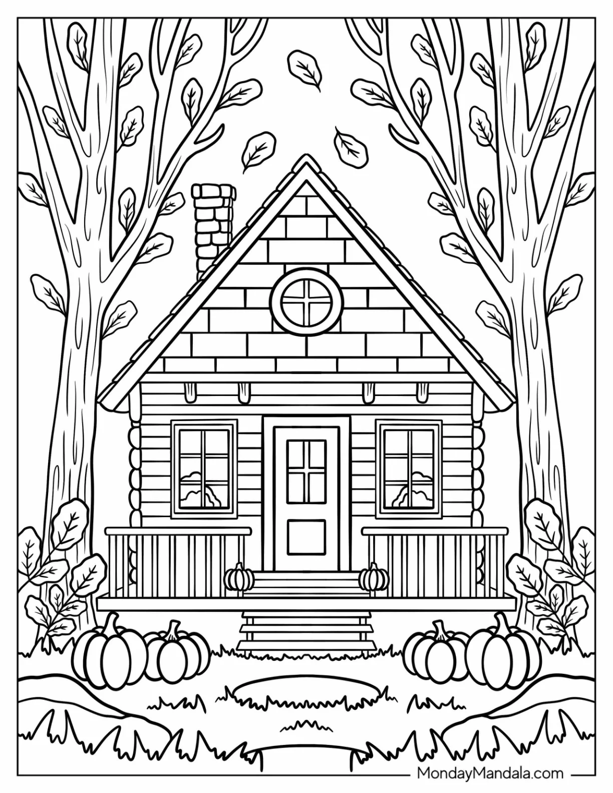 Peaceful Fall Cottage Surrounded by Leaves Coloring Sheet coloring page