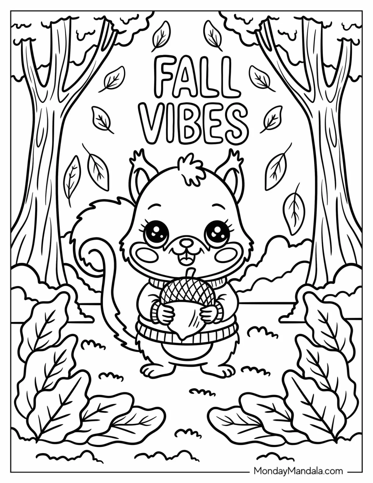 Playful Squirrel Grasping an Acorn in Autumn Forest Fall Coloring Page for Kids coloring page