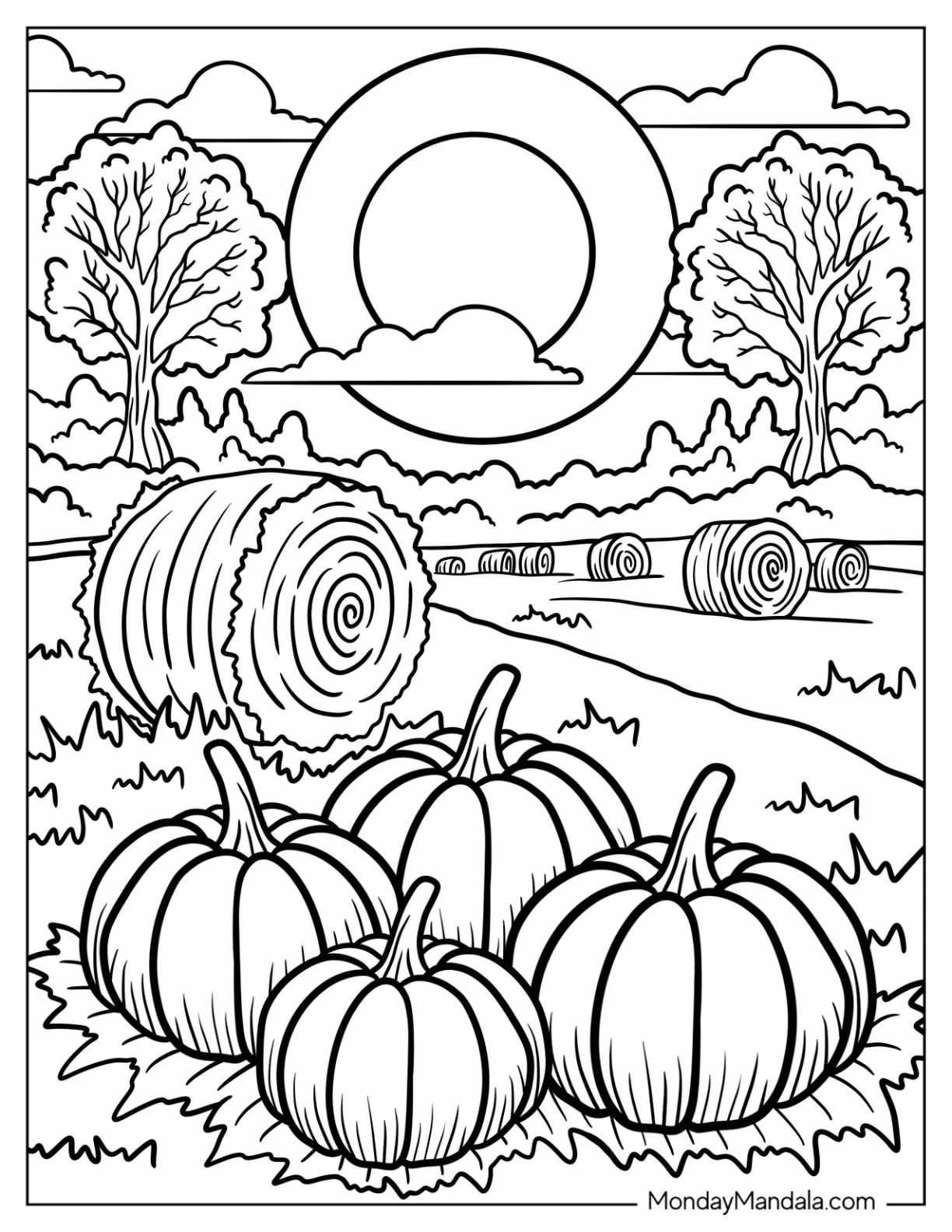 Pumpkin Patch and Hay Bales in a Sunny Autumn Field coloring page — printable line art