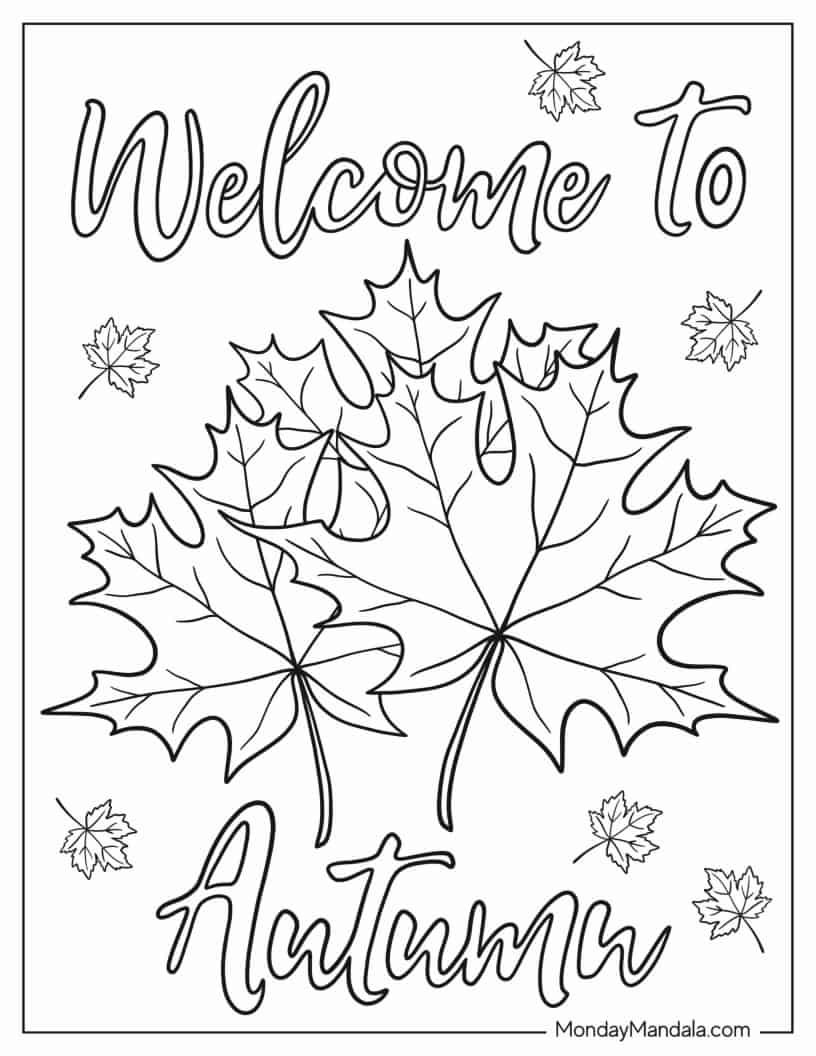 Realistic Autumn Leaves With Greeting Coloring In coloring page