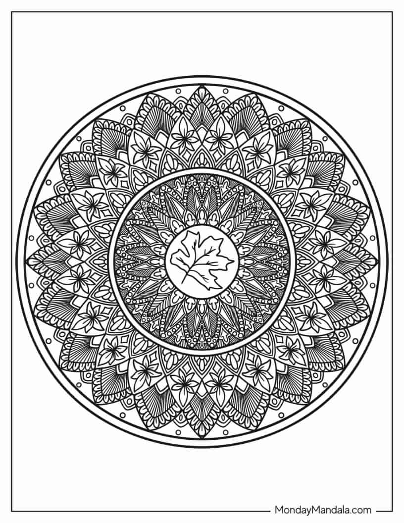 Round Flower Mandala With Autumn Leaf In Center coloring page