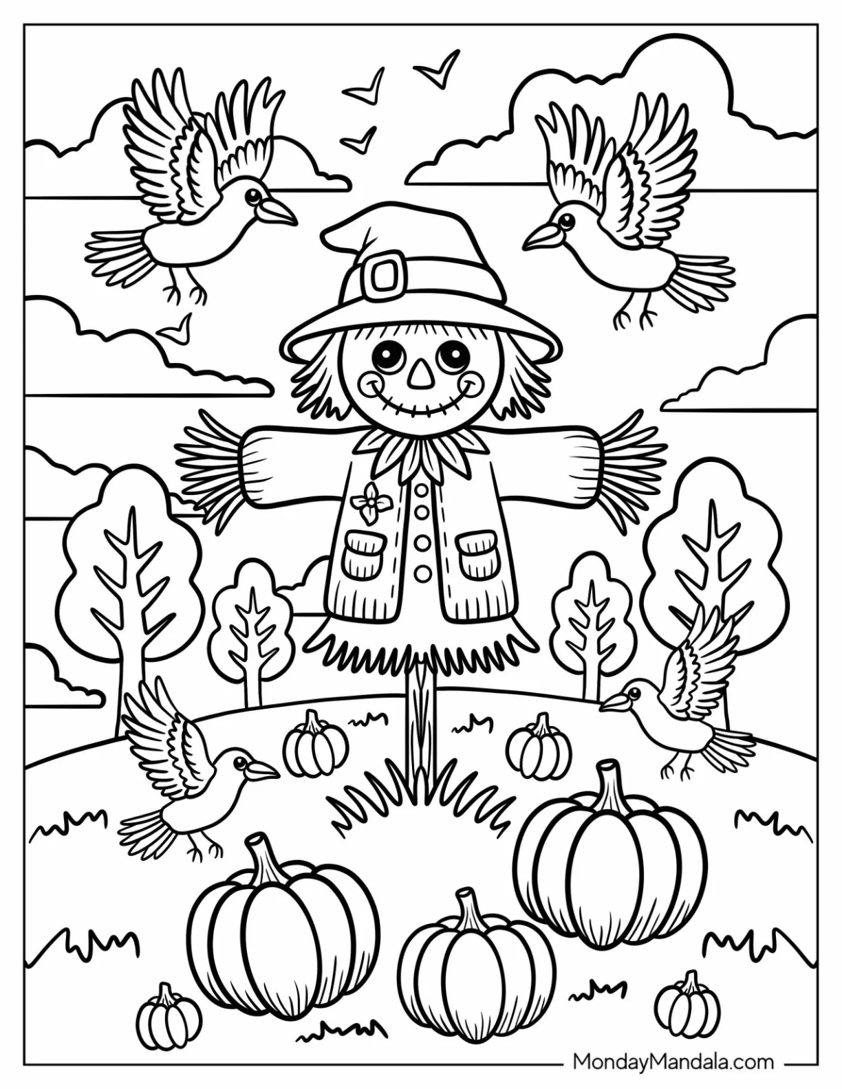 Scarecrow in a Pumpkin Patch with Birds Coloring Page for Kids coloring page — printable line art