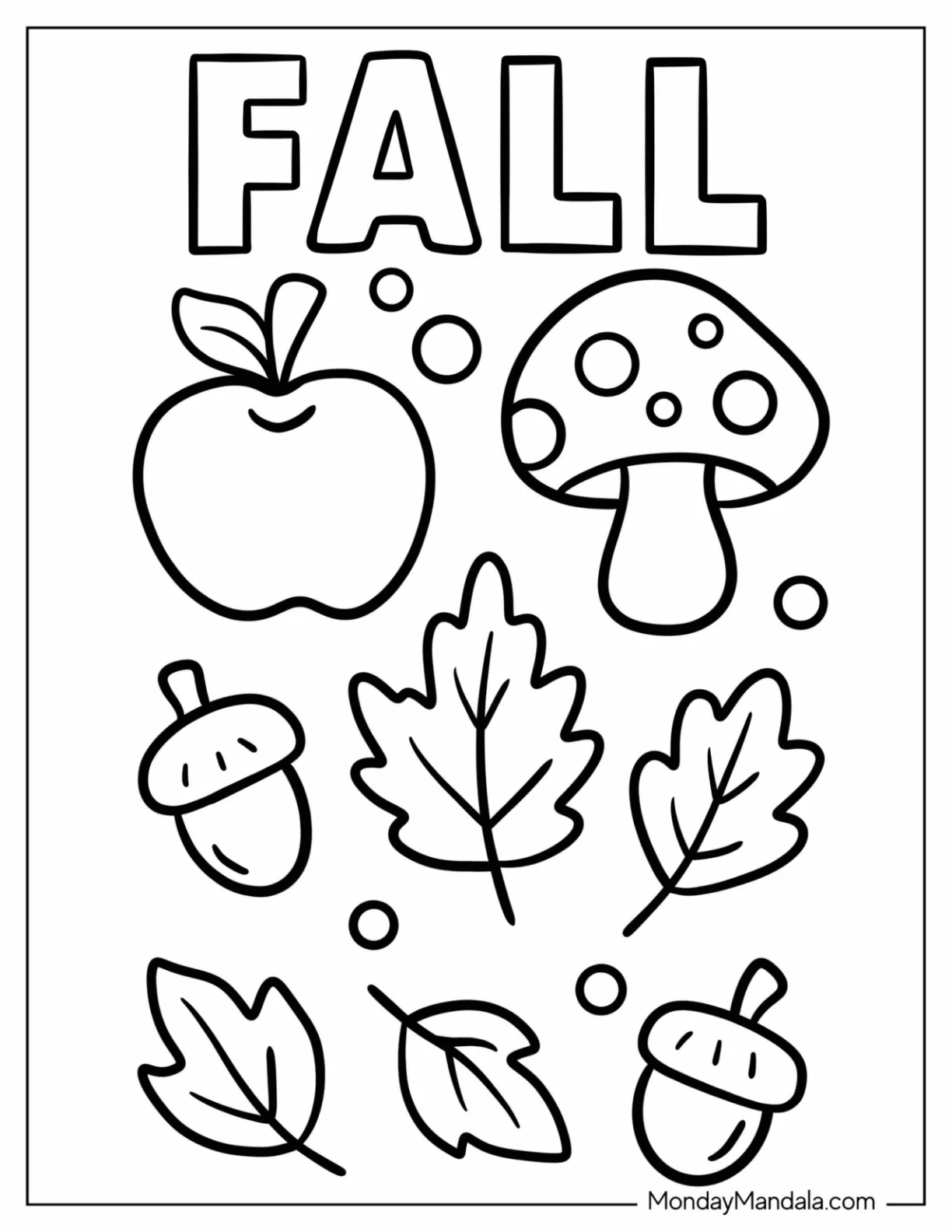 Simple Fall Harvest with Apple, Toadstool, and Foliage Coloring Sheet for Preschoolers coloring page — printable line art