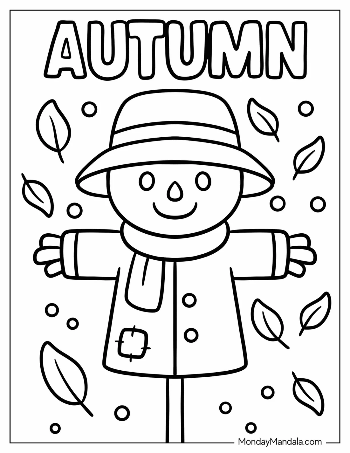 Simple Fall Scarecrow with Scarf and Hat Coloring Sheet for Preschoolers coloring page