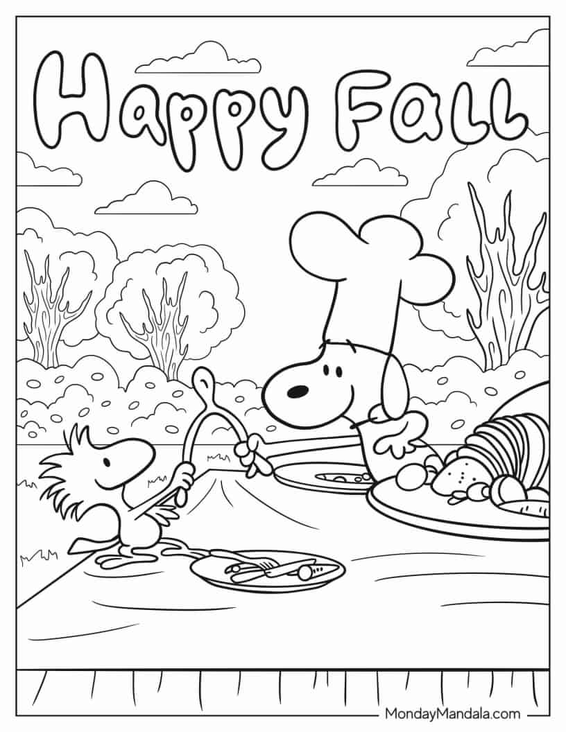 Snoopy And Woodstock Happy Fall Thanksgiving coloring page