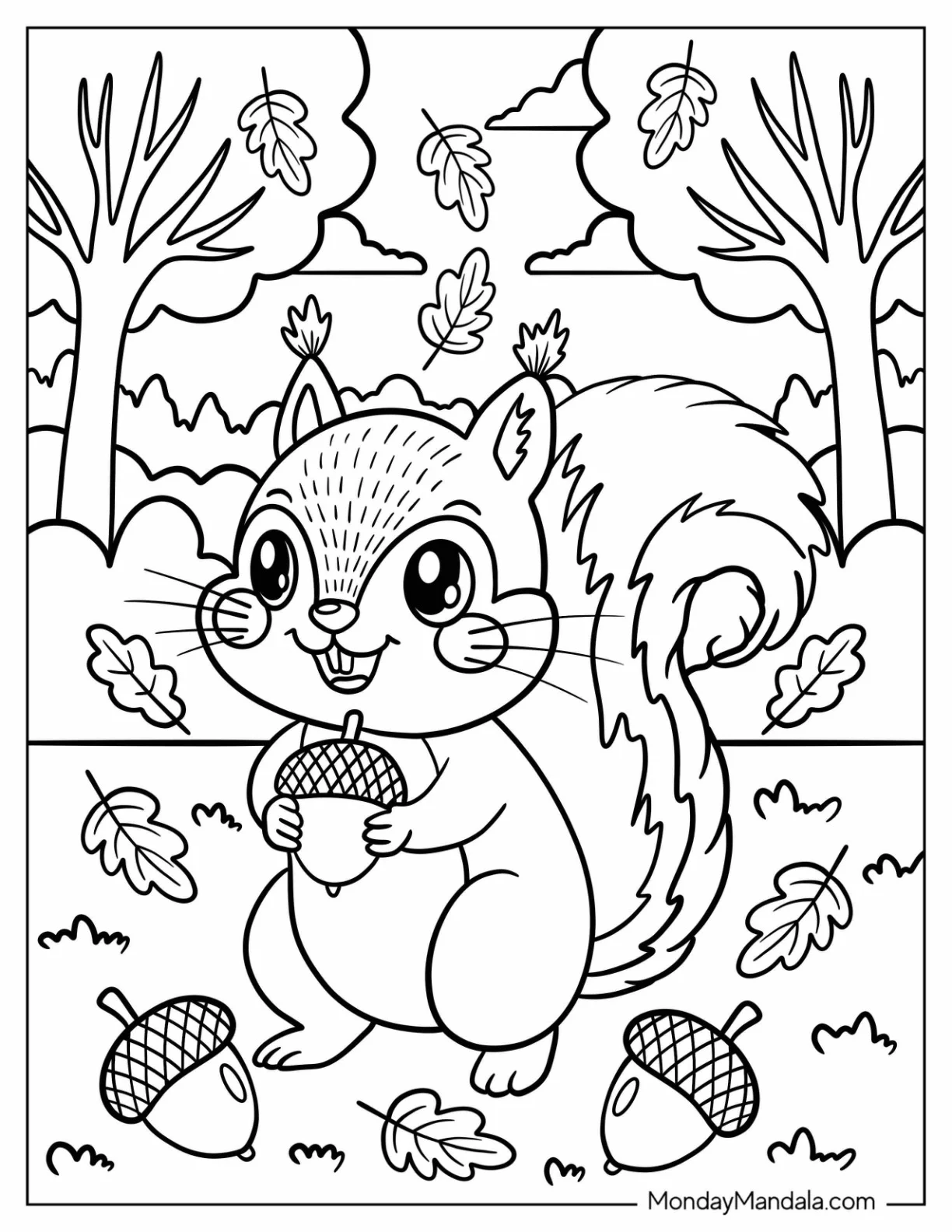 Squirrel Gathering Acorns in a Leafy Forest Coloring Page for Kids coloring page
