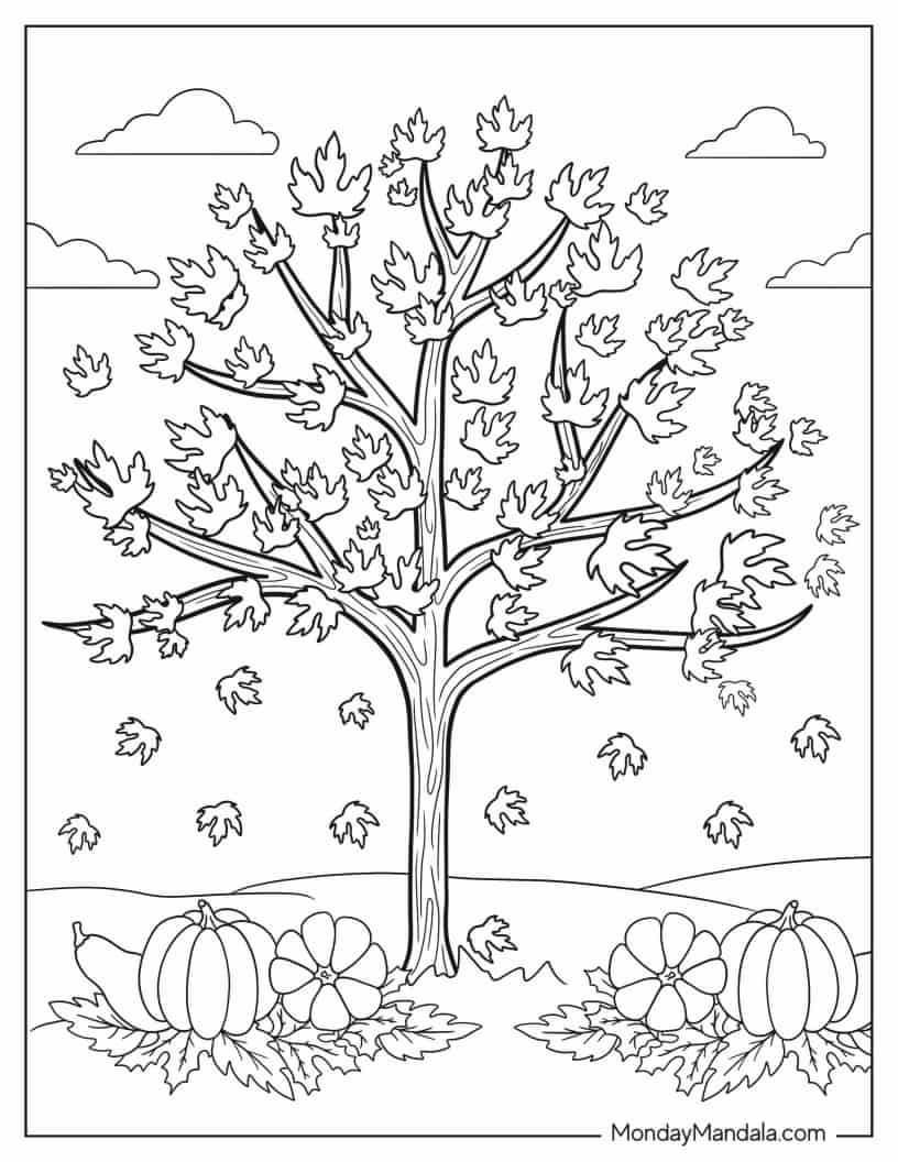 Tree Shedding Leaves In Autumn Coloring Page coloring page
