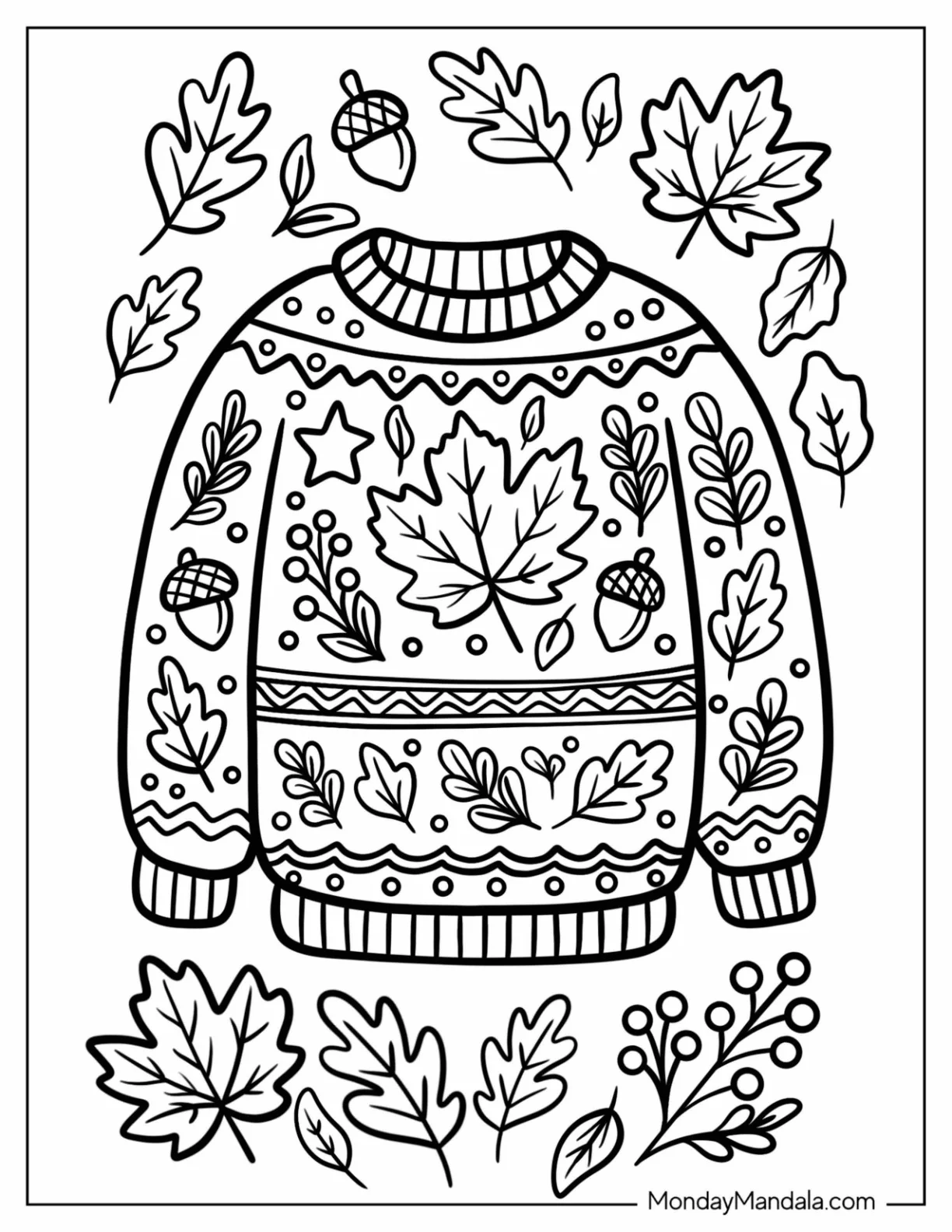 Warm Sweater with Leaves, Acorns, and Fall Patterns Coloring Page coloring page
