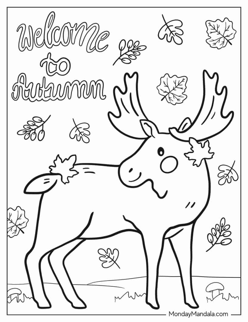 Welcome To Autumn Words Above Moose Coloring Sheet coloring page