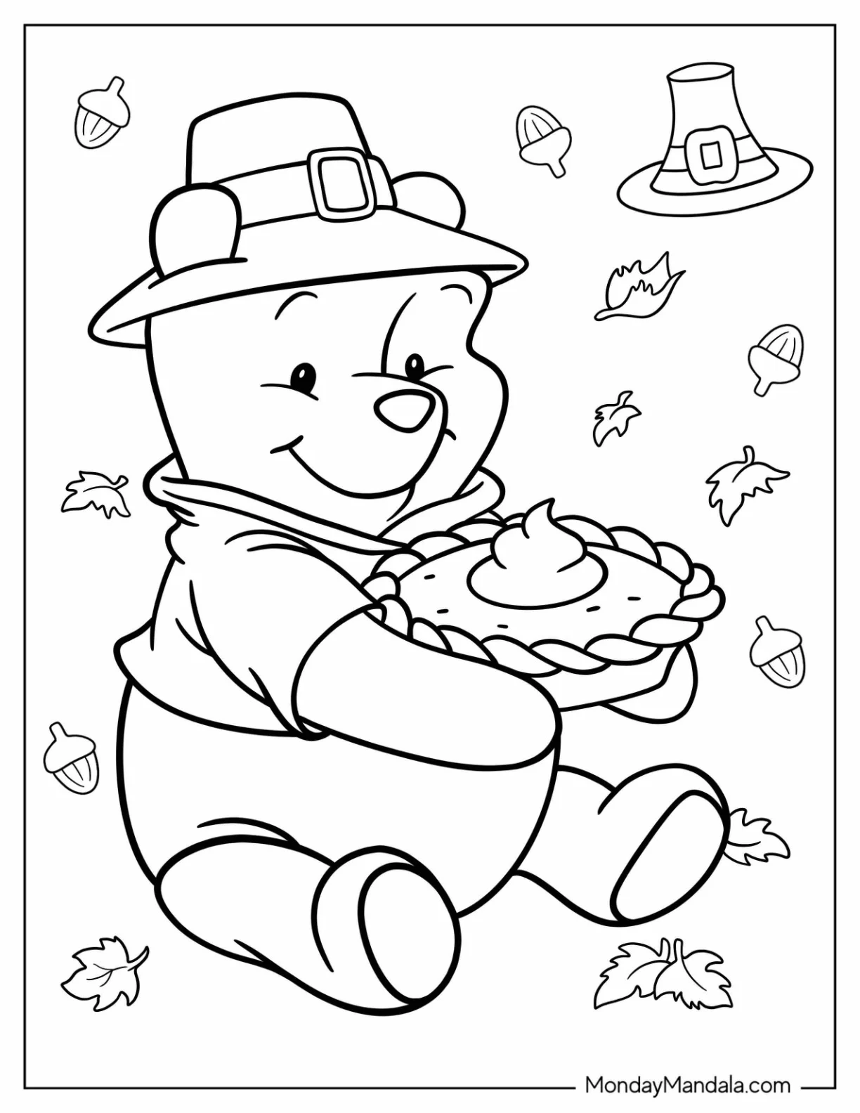 Winnie With Pooh Holding Pumpkin Pie Fall Coloring Page For Kids coloring page — printable line art