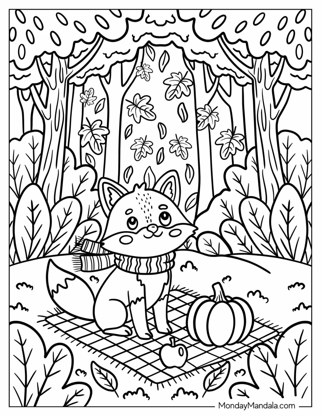 Woodland Fox Relaxing Under Autumn Trees Coloring Sheet coloring page