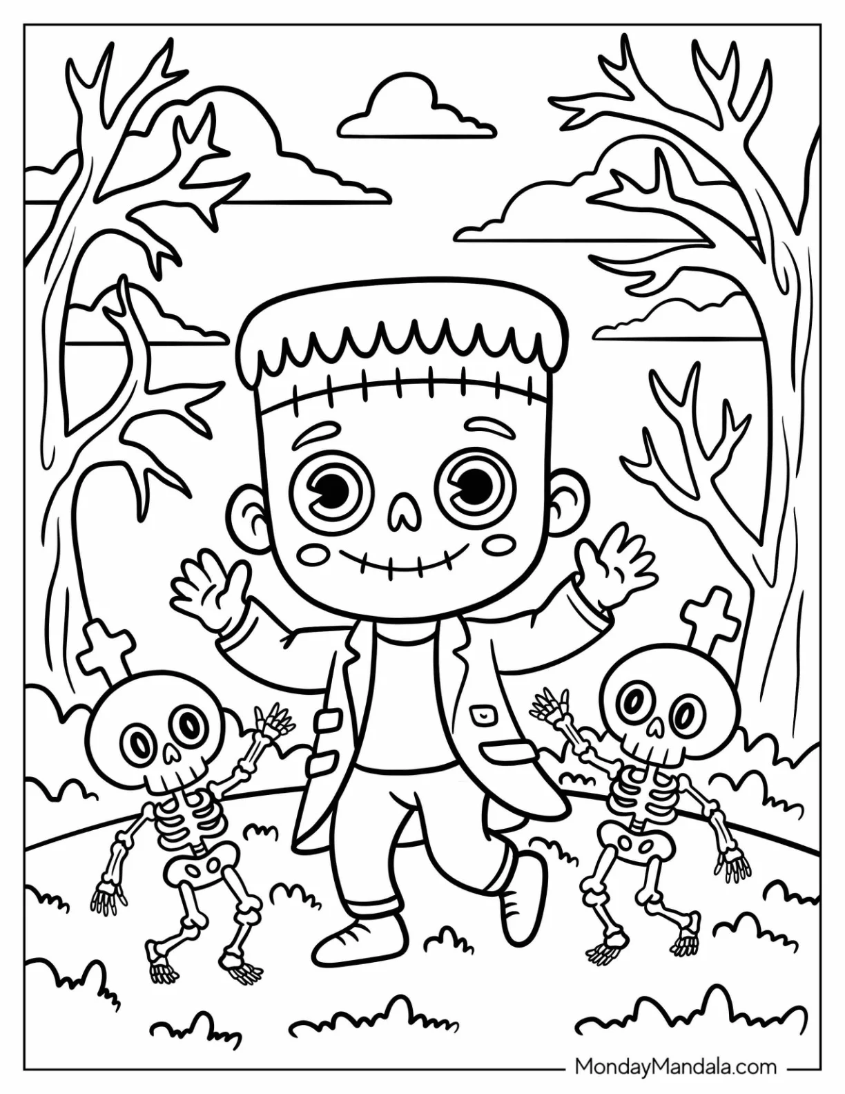 Chibi Frankenstein Coloring Page Dancing in a Haunted Forest with Skeletons coloring page