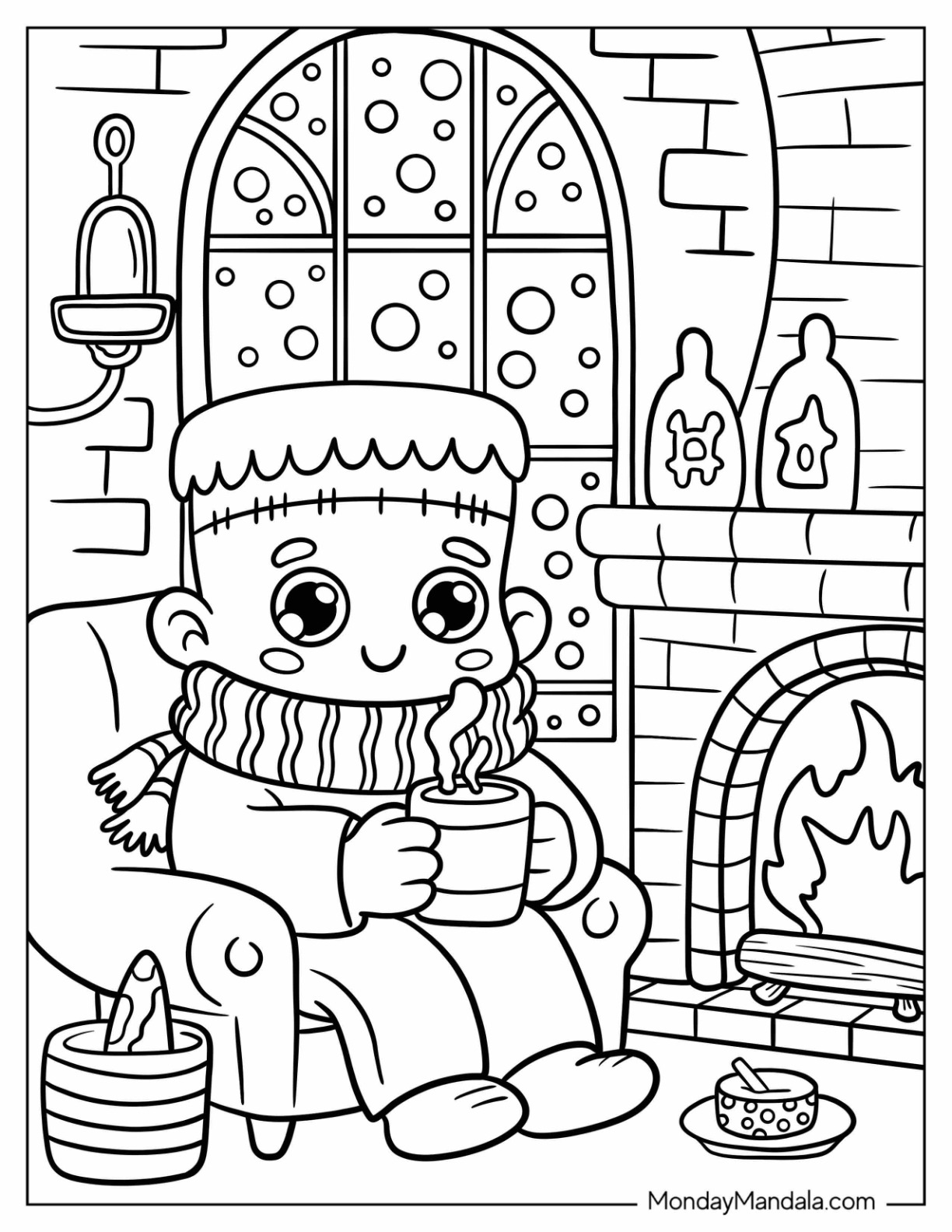 Cozy Frankenstein Coloring Page Sipping Hot Chocolate In Winter for Kids coloring page — printable line art