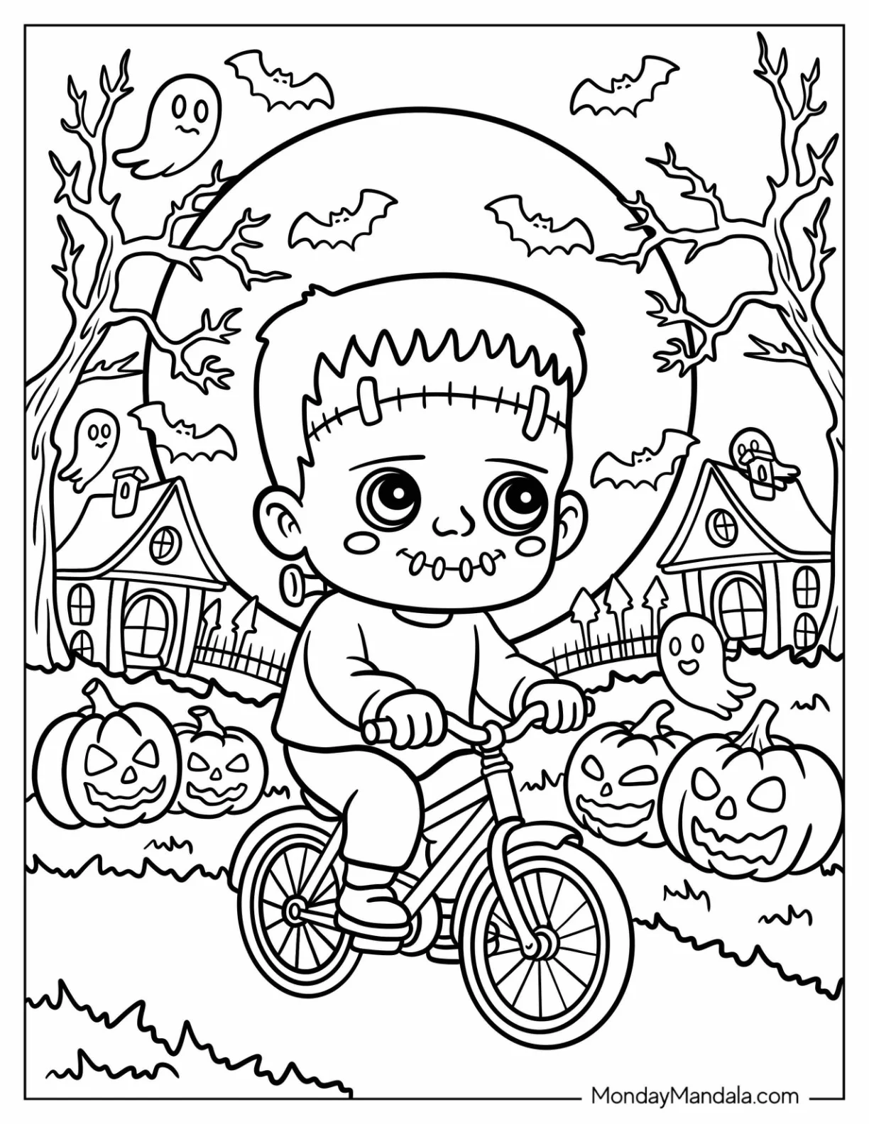Cute Frankenstein Coloring Page Riding Bicycle on a Full Moon coloring page