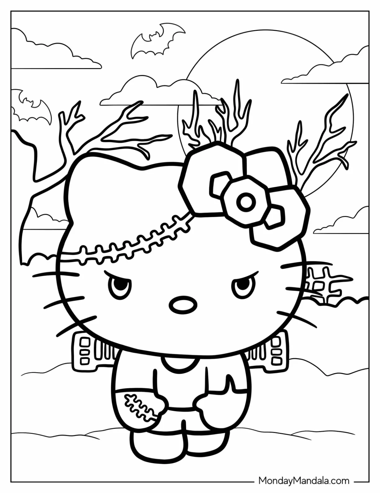 Cute Hello Kitty Frankenstein Coloring Page For Preschoolers coloring page — printable line art
