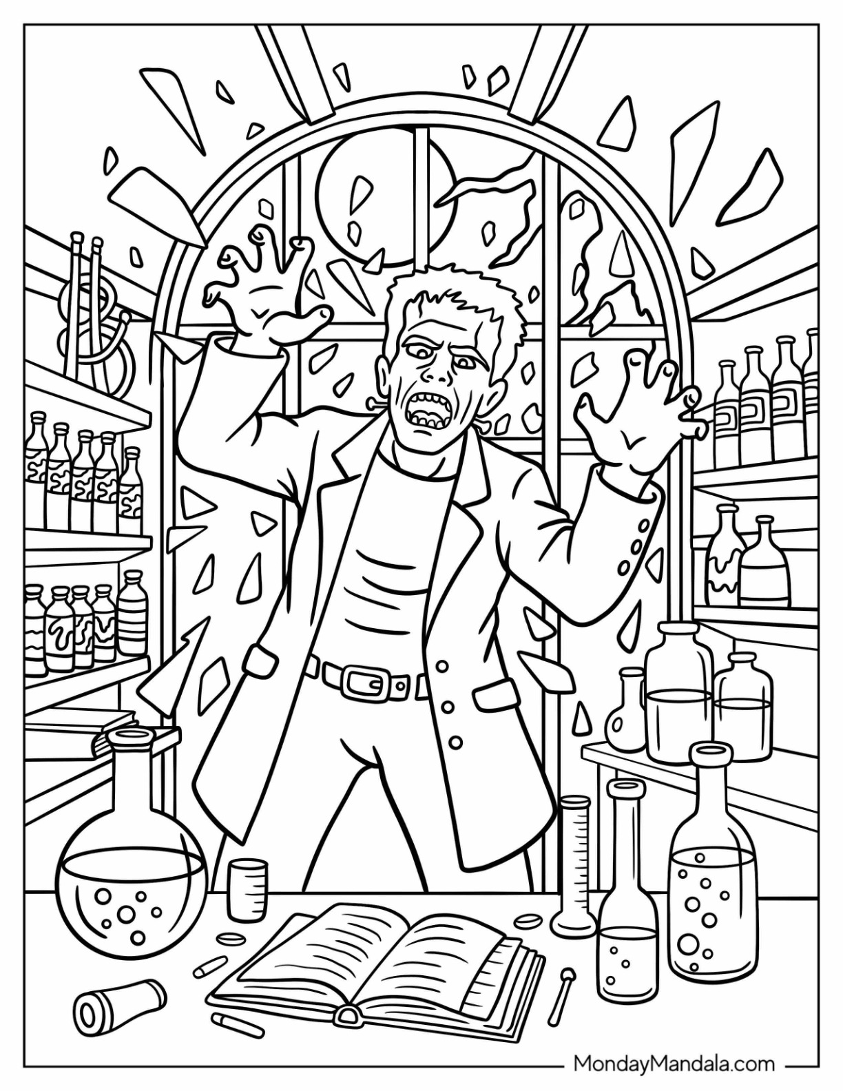 Frankenstein Coloring Page Breaking Into A Science Laboratory coloring page — printable line art