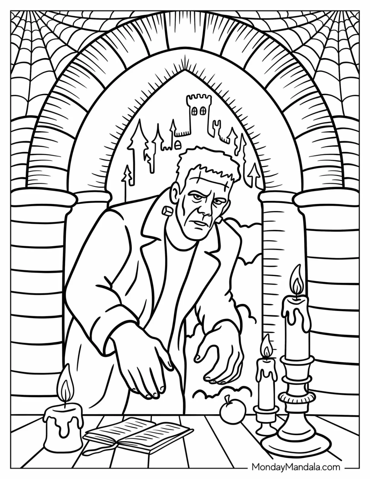 Frankenstein Coloring Page in a Haunted Castle With Cobwebs and Candles coloring page