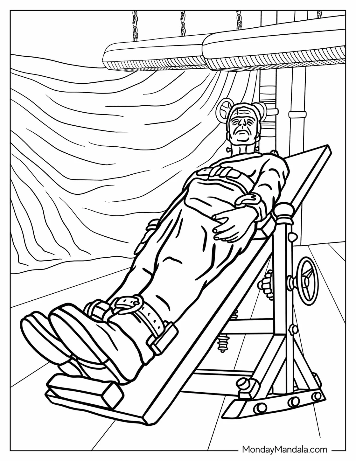 Frankenstein Coloring Page On Operating Table coloring page — printable line art