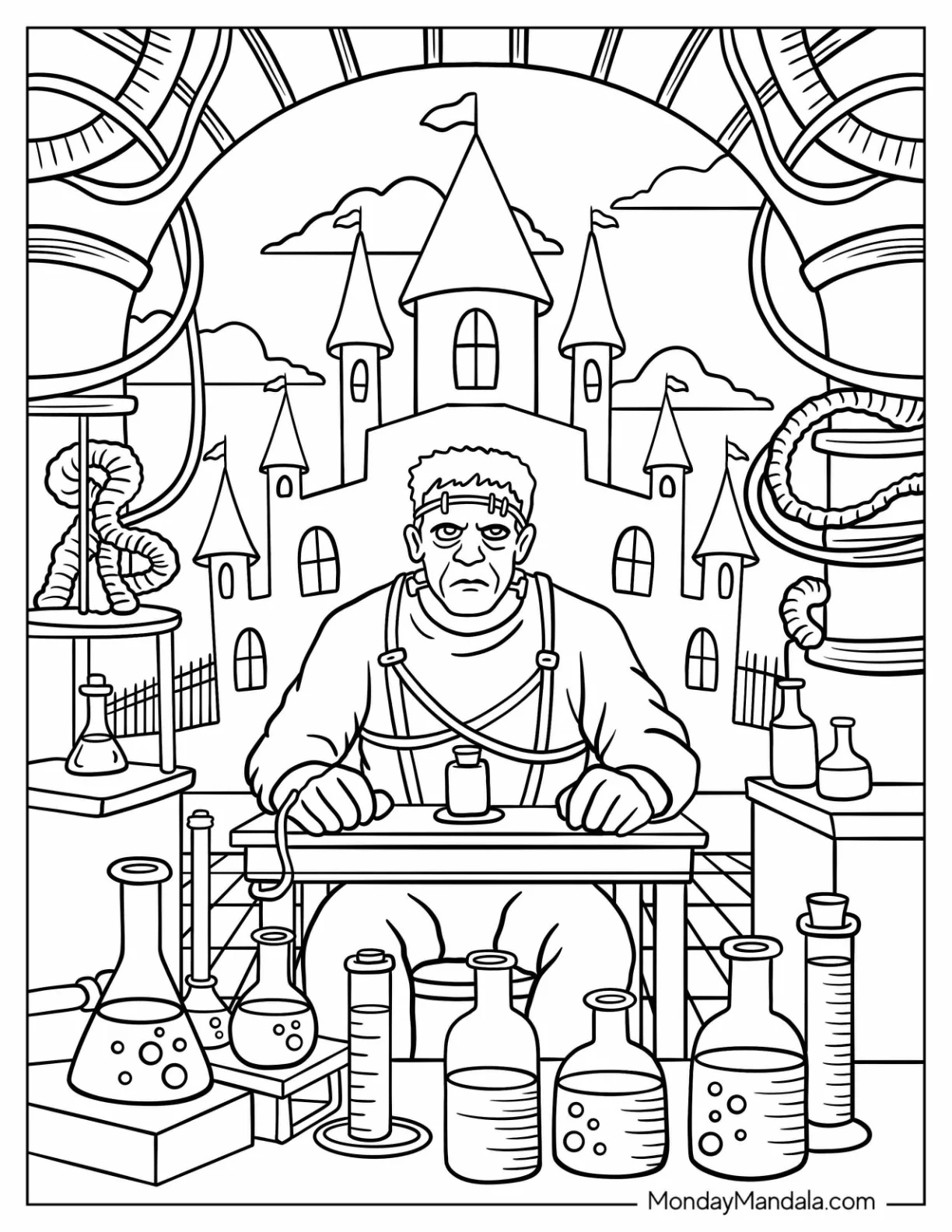 Frankenstein Coloring Page Sitting In A Science Laboratory coloring page — printable line art