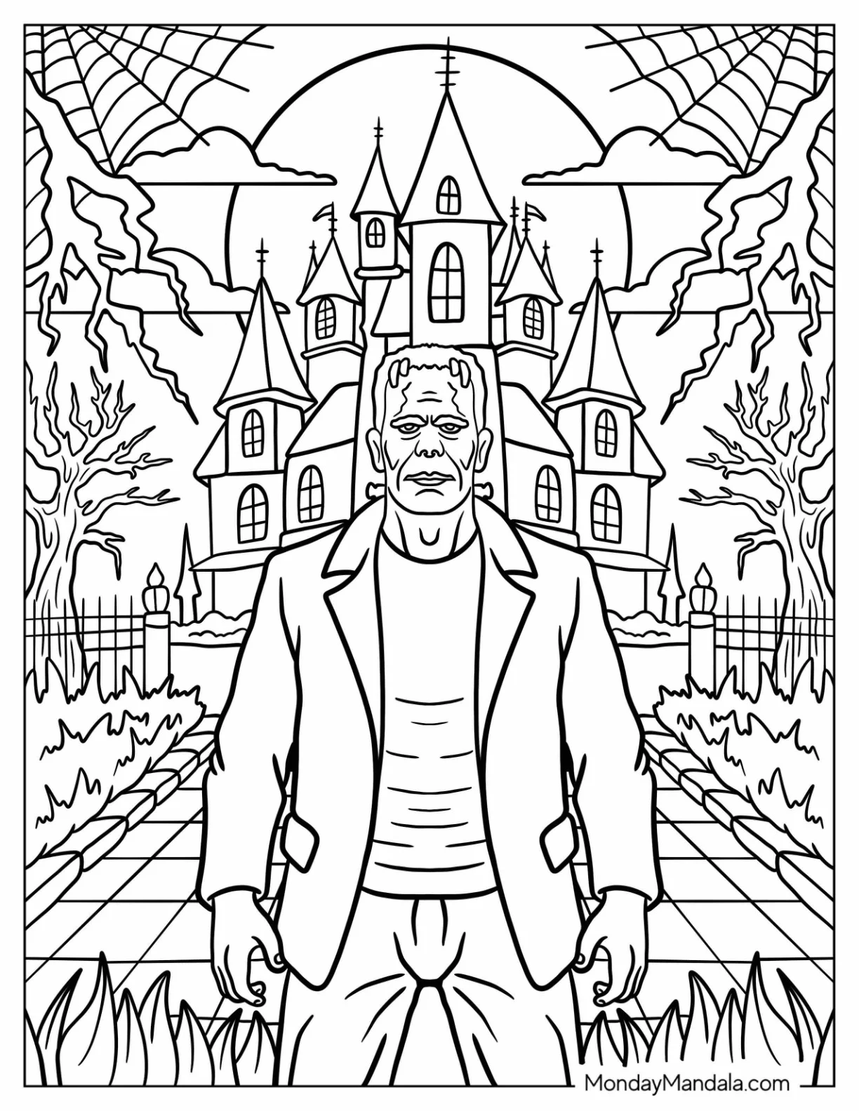Frankenstein Coloring Page Standing in Front of a Haunted Castle coloring page