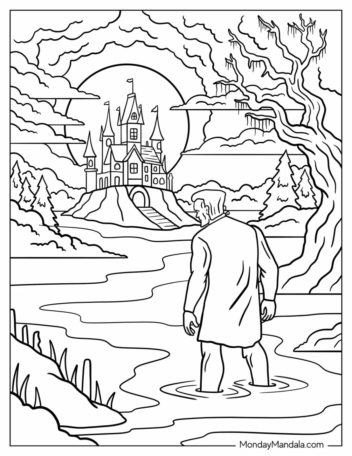 Frankenstein Coloring Page Standing in Shallow Water Looking at a Castle coloring page