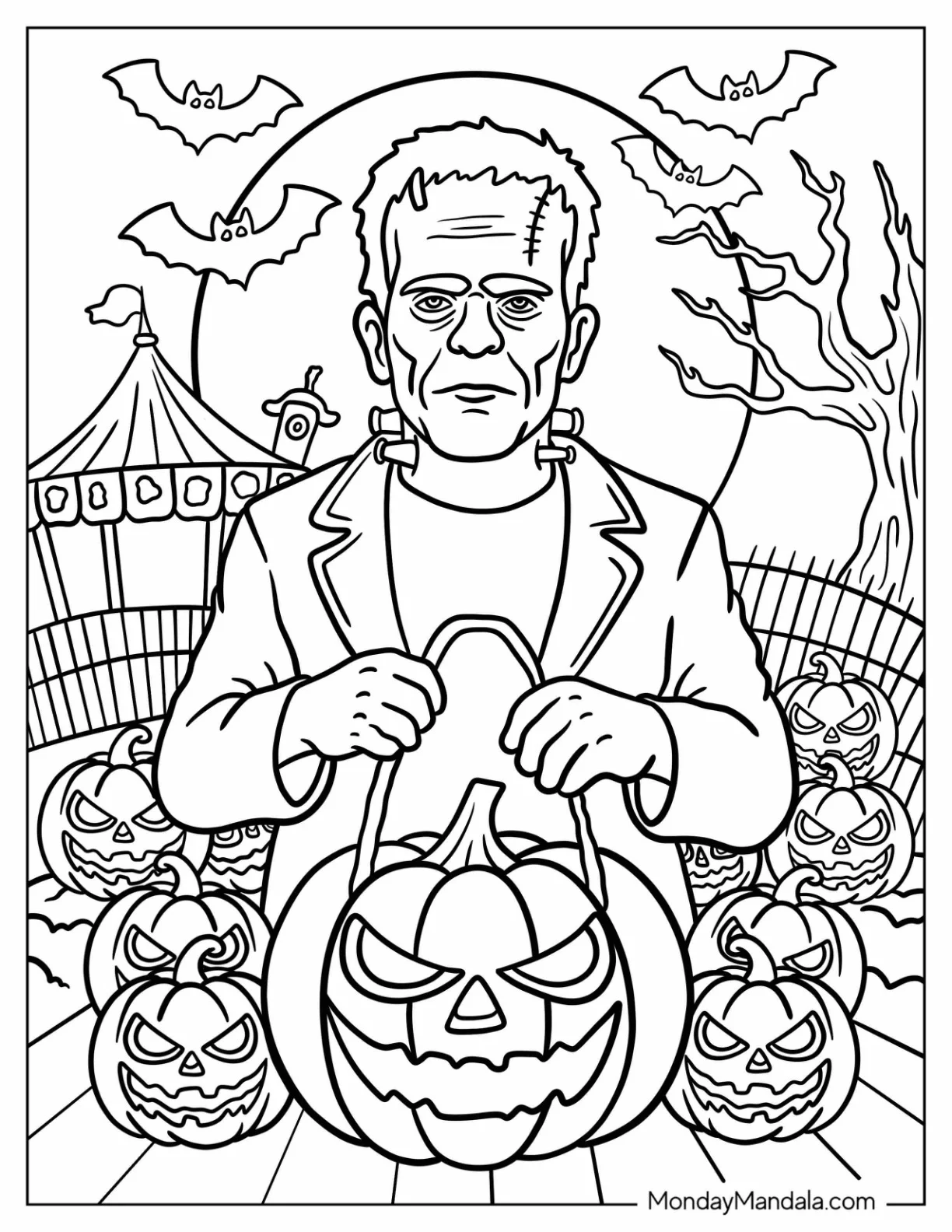 Frankenstein Coloring Page Trick or Treating with Jack o Lantern Bag coloring page