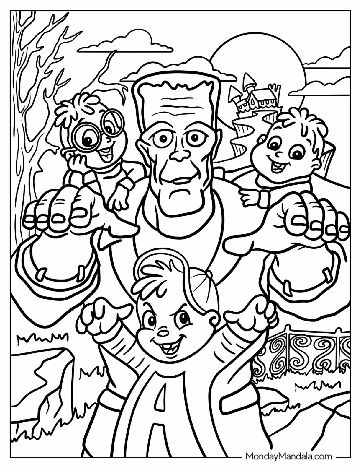 Frankenstein Coloring Page With Alvin And The Chipmunks For Kids coloring page — printable line art