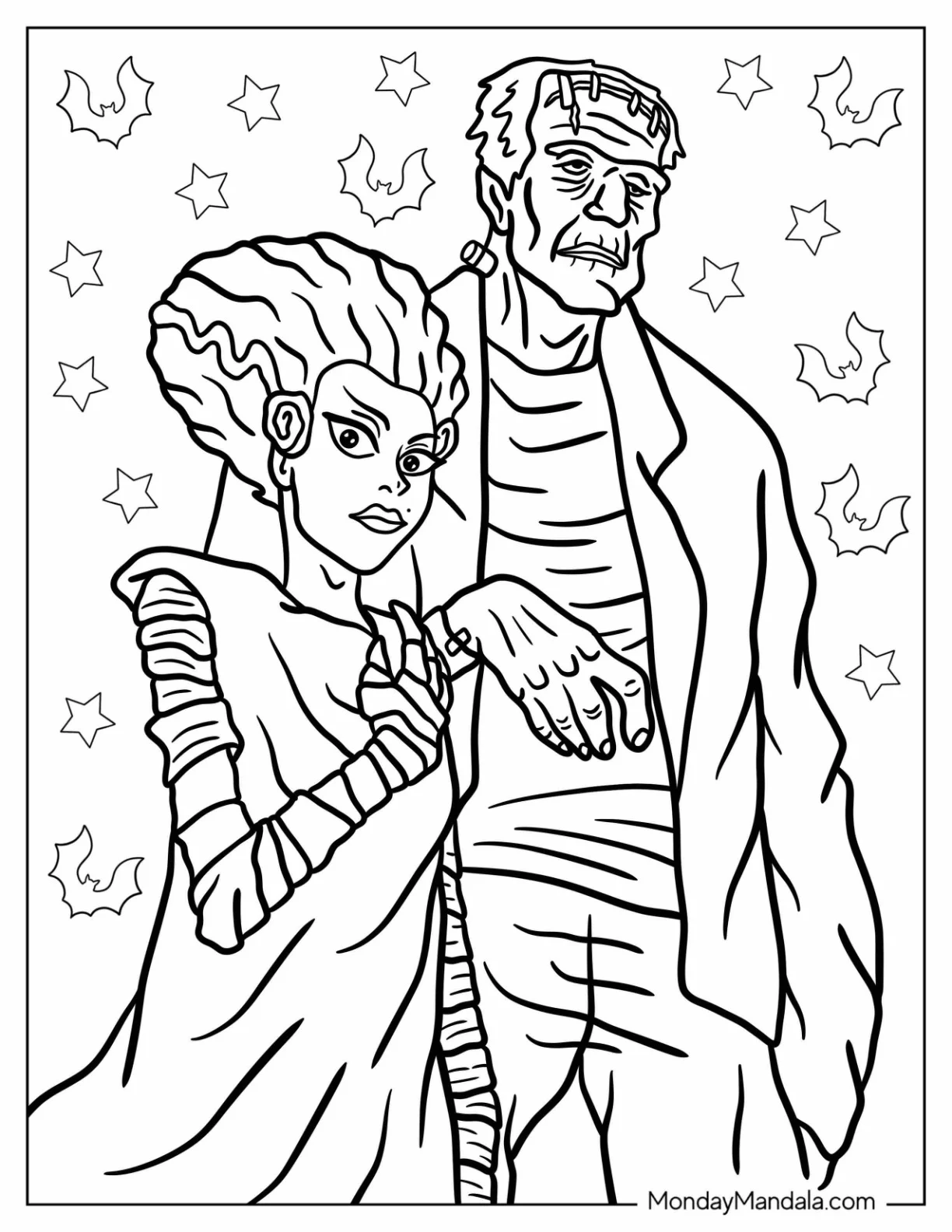 Frankenstein Coloring Page With Bride coloring page — printable line art