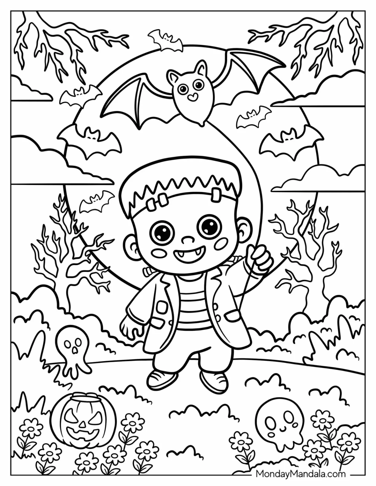 Frankenstein Coloring Page with Jack o Lanterns, Bats, and Full Moon for Preschoolers coloring page