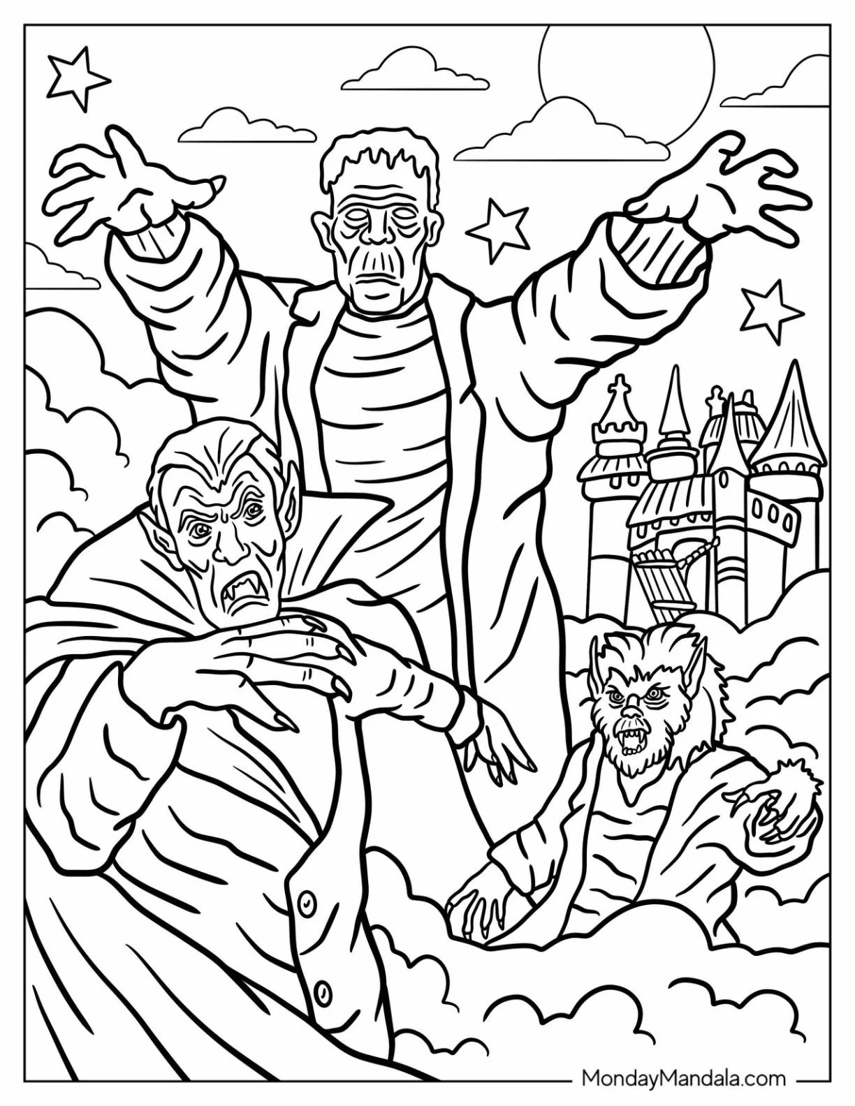 Frankenstein Coloring Page With Vampire And Werewolf coloring page — printable line art