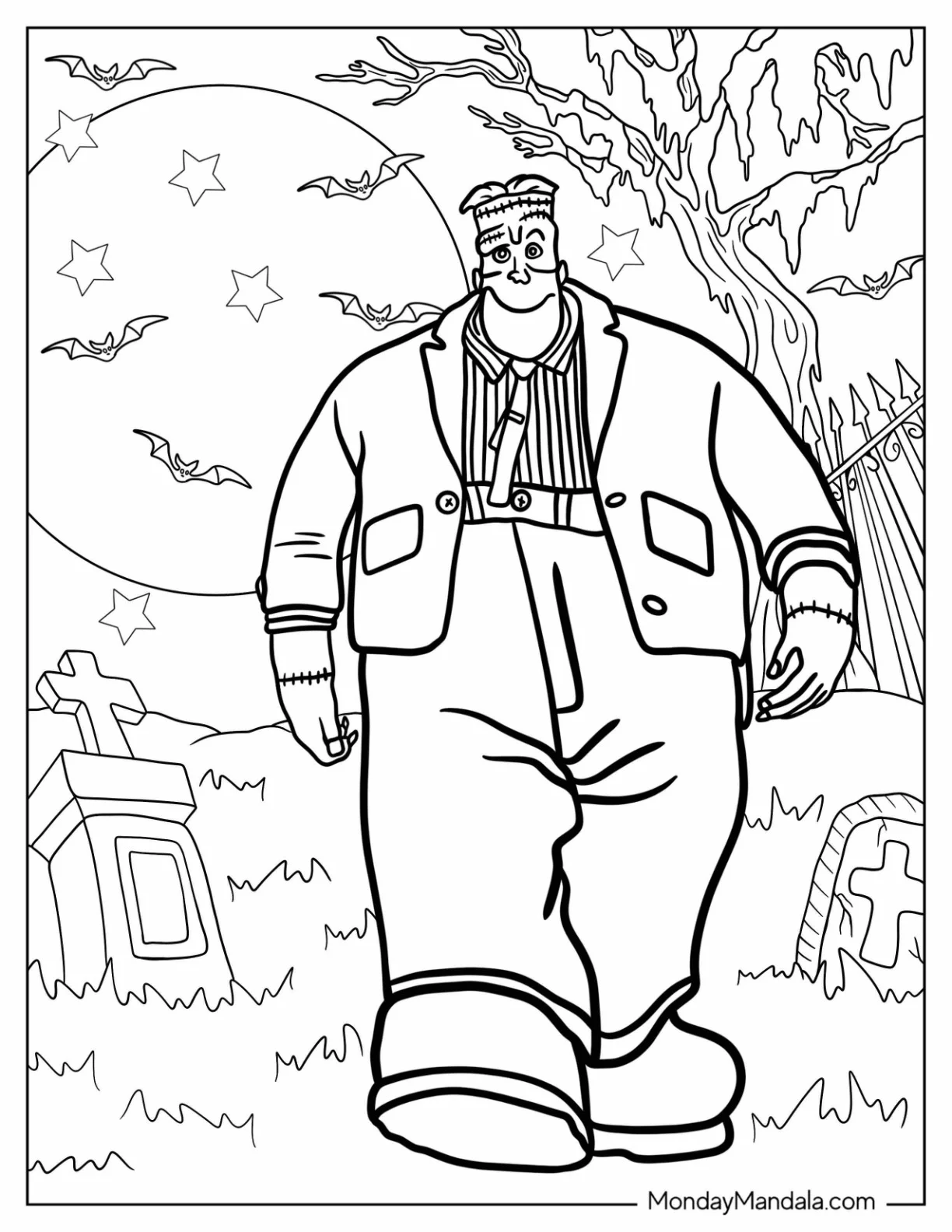 Massive Frankenstein Coloring Page Walking In Cemetery coloring page