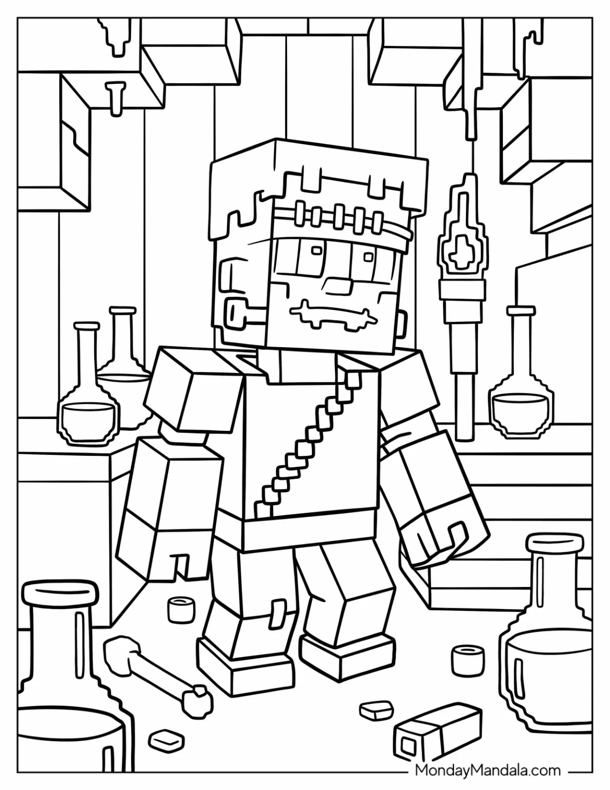 Minecraft Frankenstein Coloring Page In Cave With Potions for Kids coloring page — printable line art