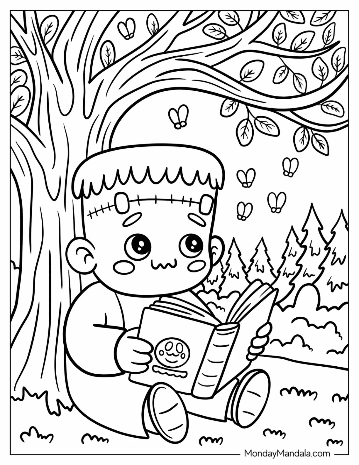 Nerdy Frankenstein Coloring Page Reading A Book Under A Tree for Preschoolers coloring page — printable line art