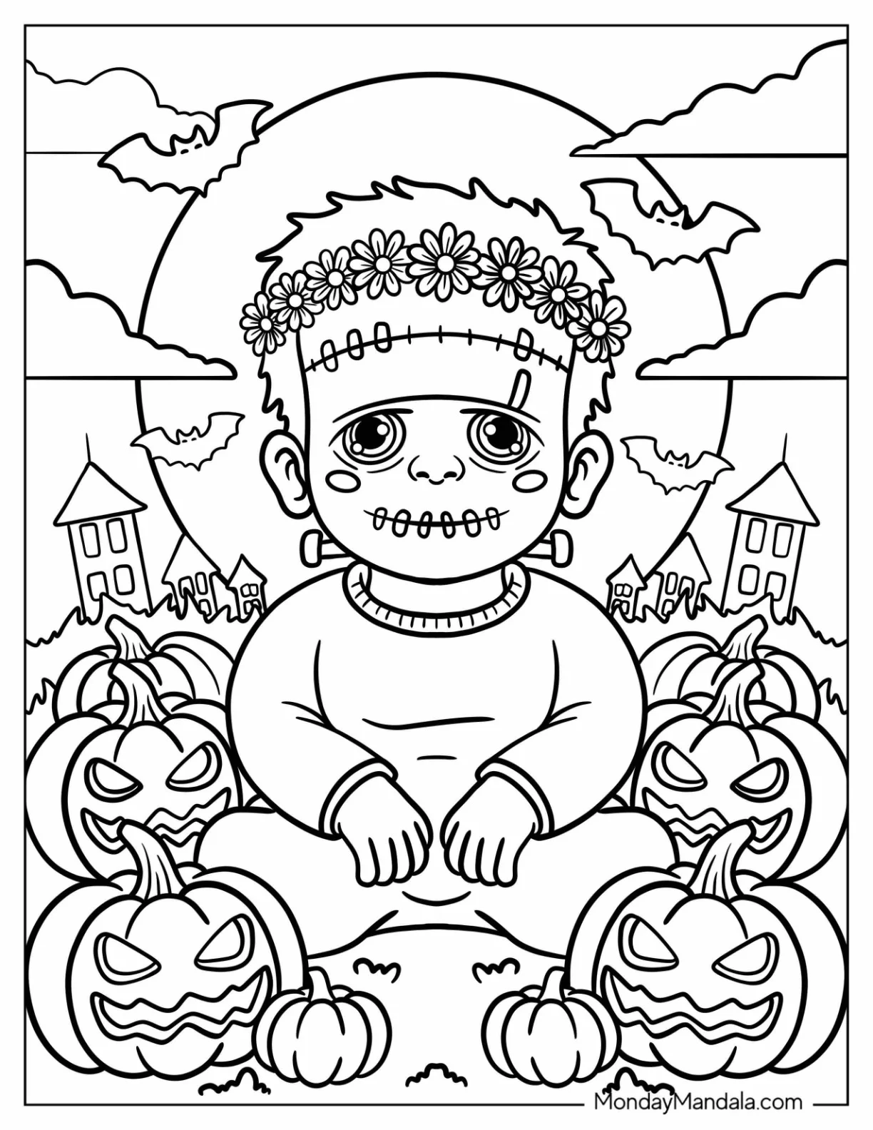 Pretty Little Frankenstein Coloring Page With Flower Wreath Sitting With Jack o Lanterns for Kids coloring page — printable line art