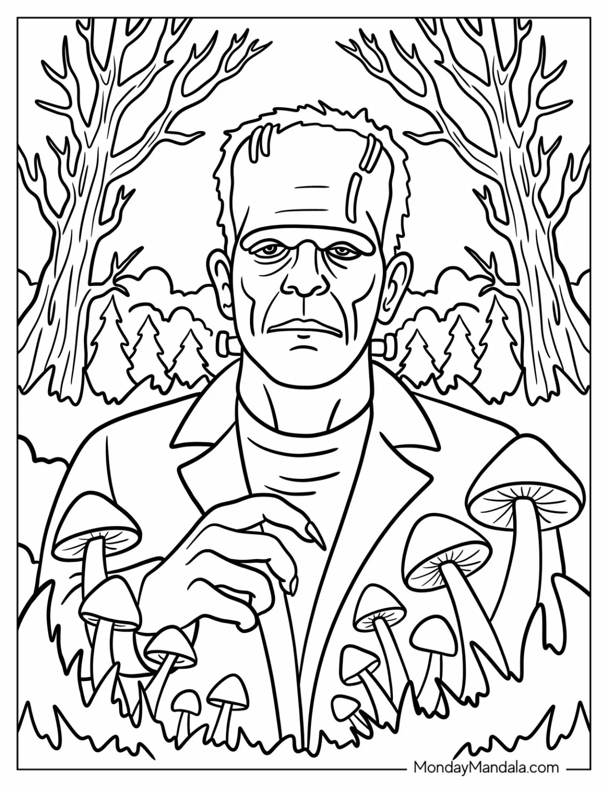 Realistic Frankenstein Coloring Page In Forest With Mushrooms coloring page