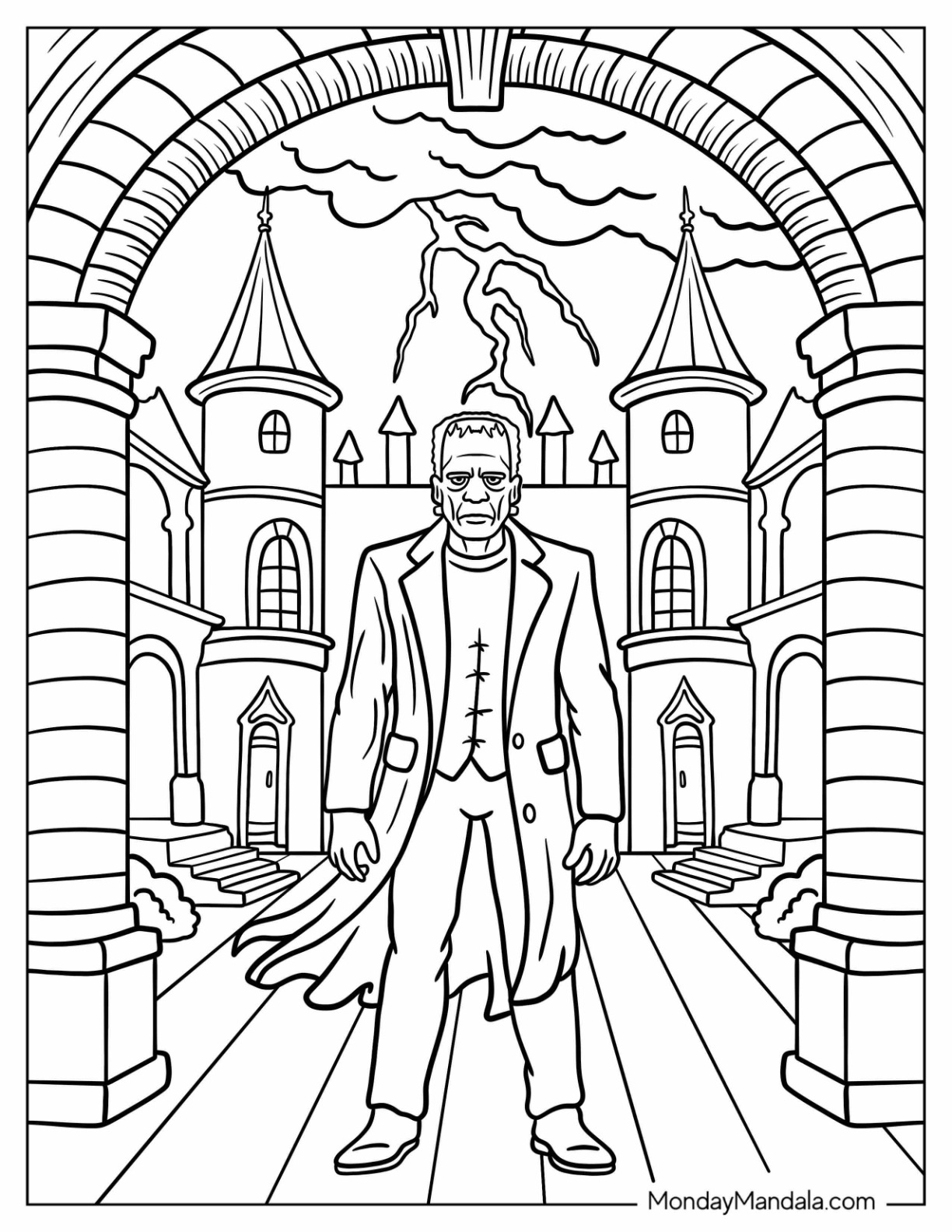 Realistic Frankenstein Coloring Page Standing in The Courtyard of A Haunted Castle coloring page — printable line art
