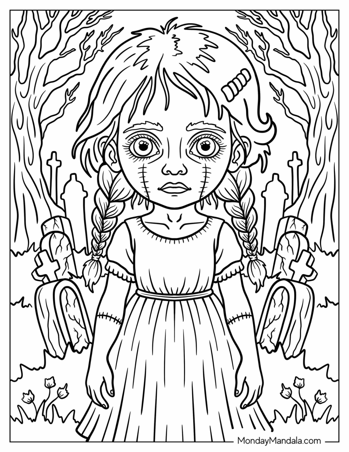 Scary Girl Frankenstein Coloring Page in a Graveyard coloring page — printable line art