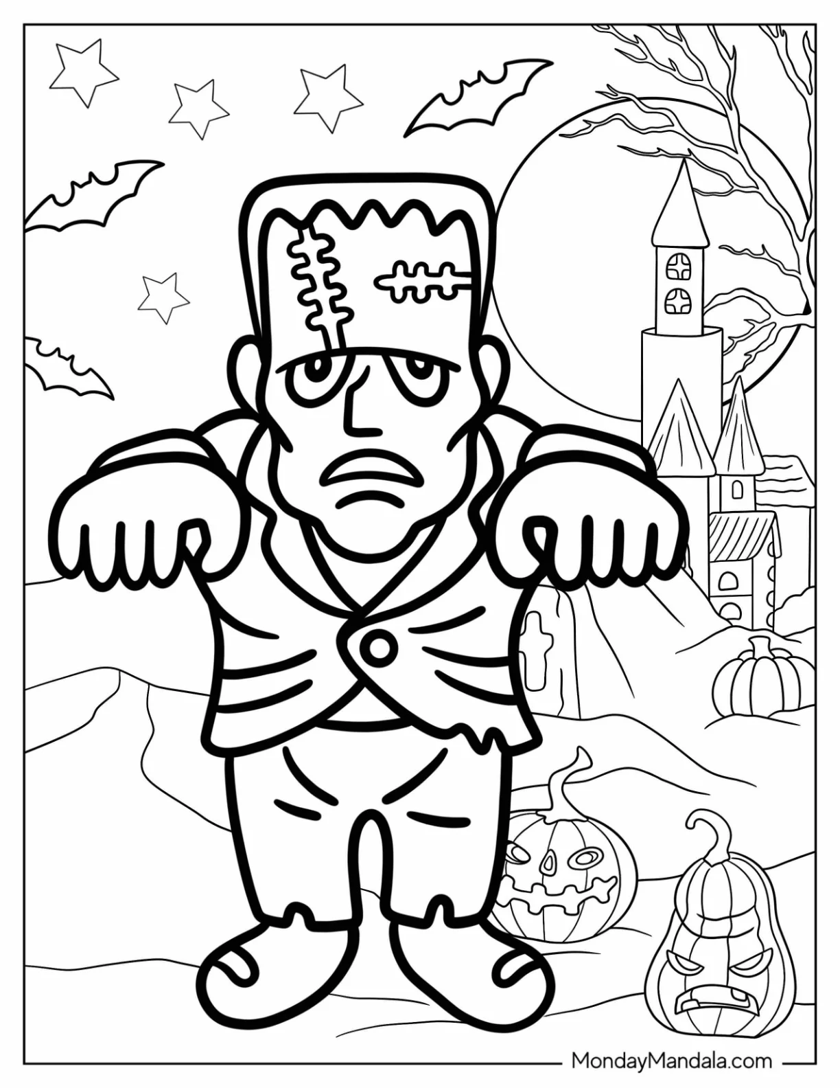 Simple Chibi Frankenstein Coloring Page Outside Of Castle coloring page