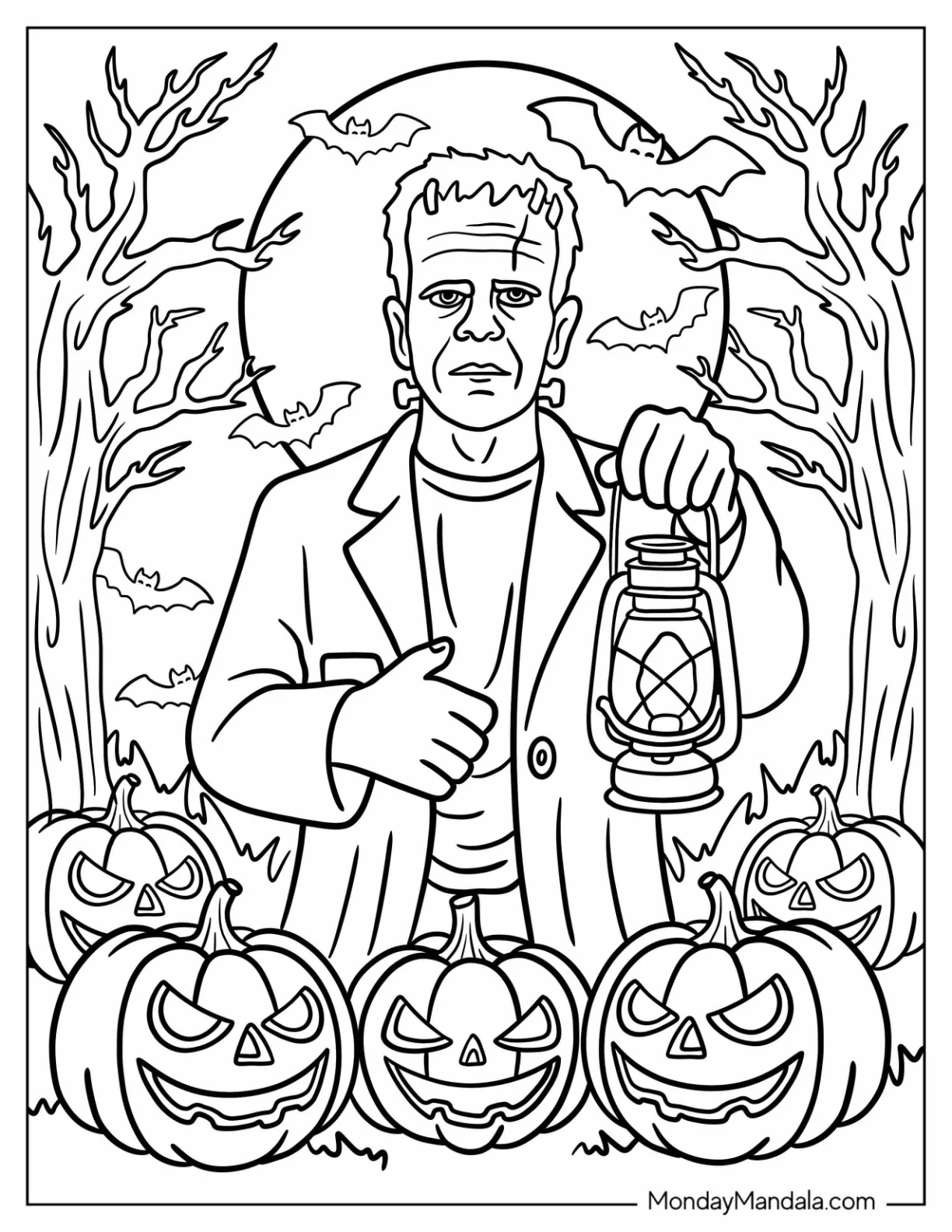 Terrifying Frankenstein Coloring Page Holding a Lantern Above Three Jack o Lanterns coloring page — printable line art