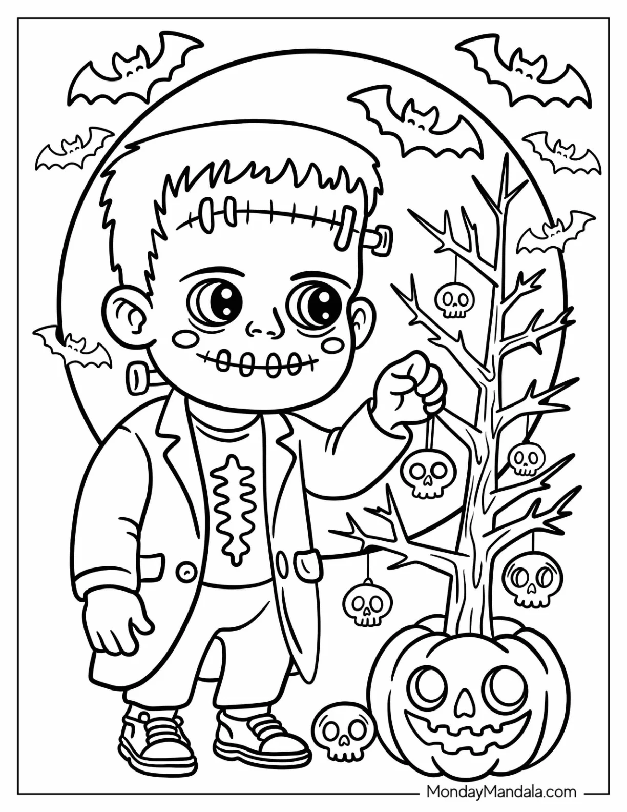 Tiny Frankenstein Coloring Page Decorating Dead Tree With Jack o Lanterns coloring page — printable line art