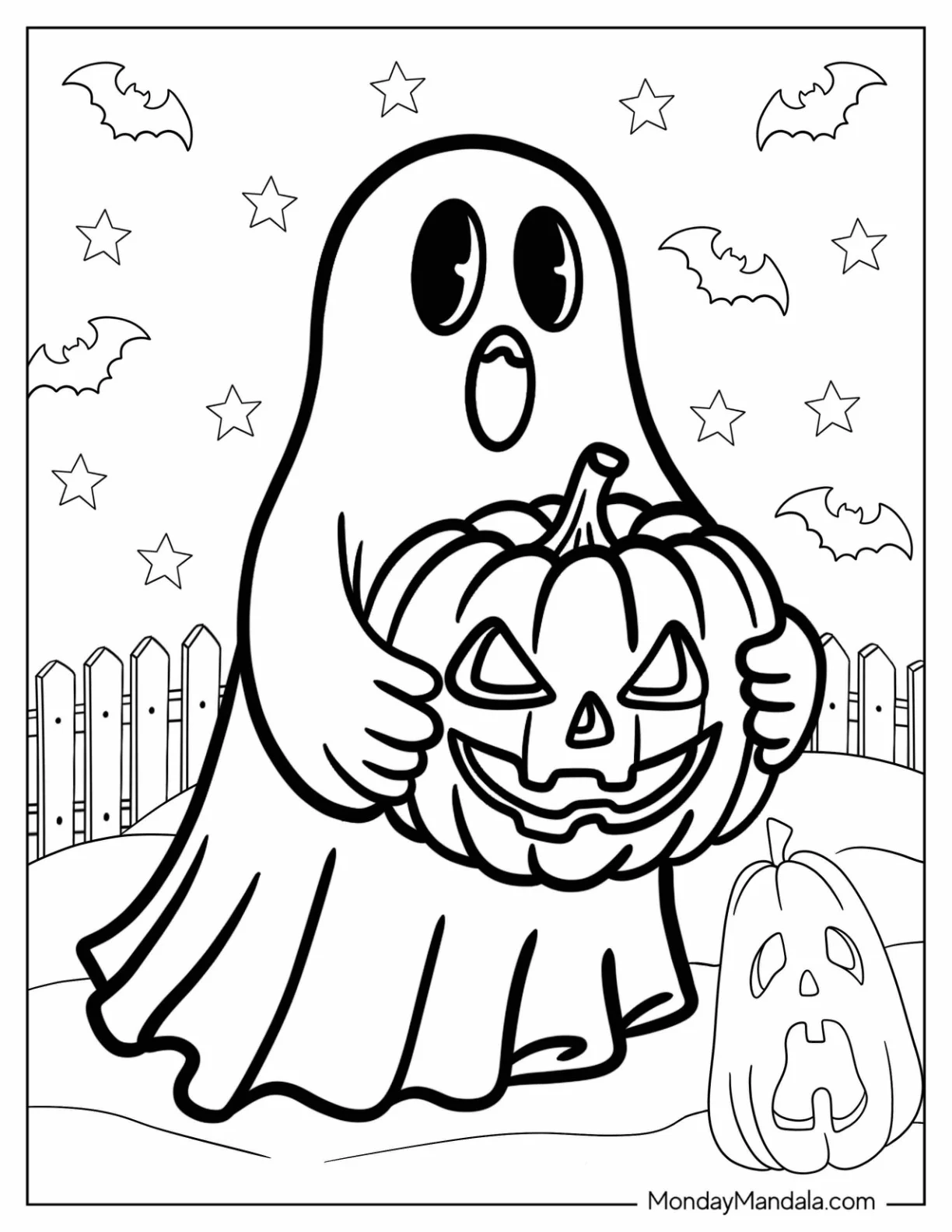 Adorable Blanket Ghost Coloring Page Hugging A Jack O Lantern For Kids coloring page — printable line art