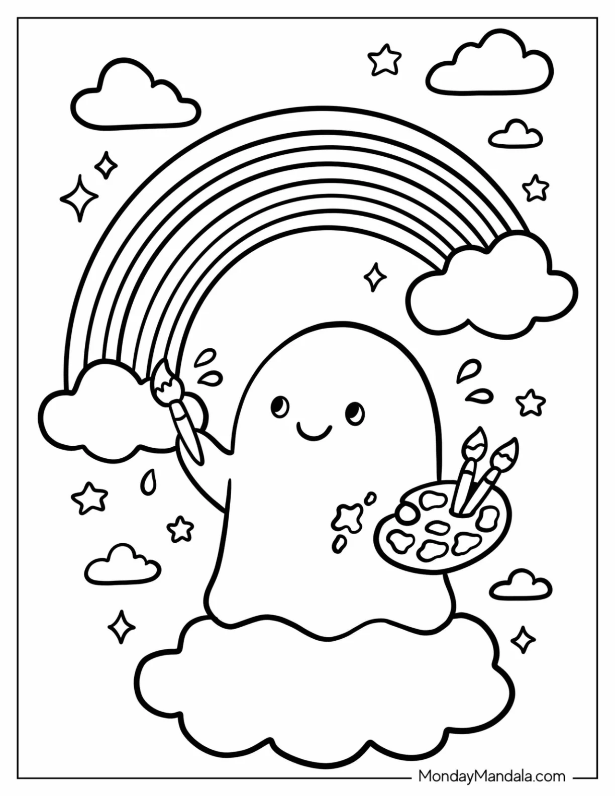 Artistic Ghost Painting a Rainbow Coloring Sheet for Kids coloring page