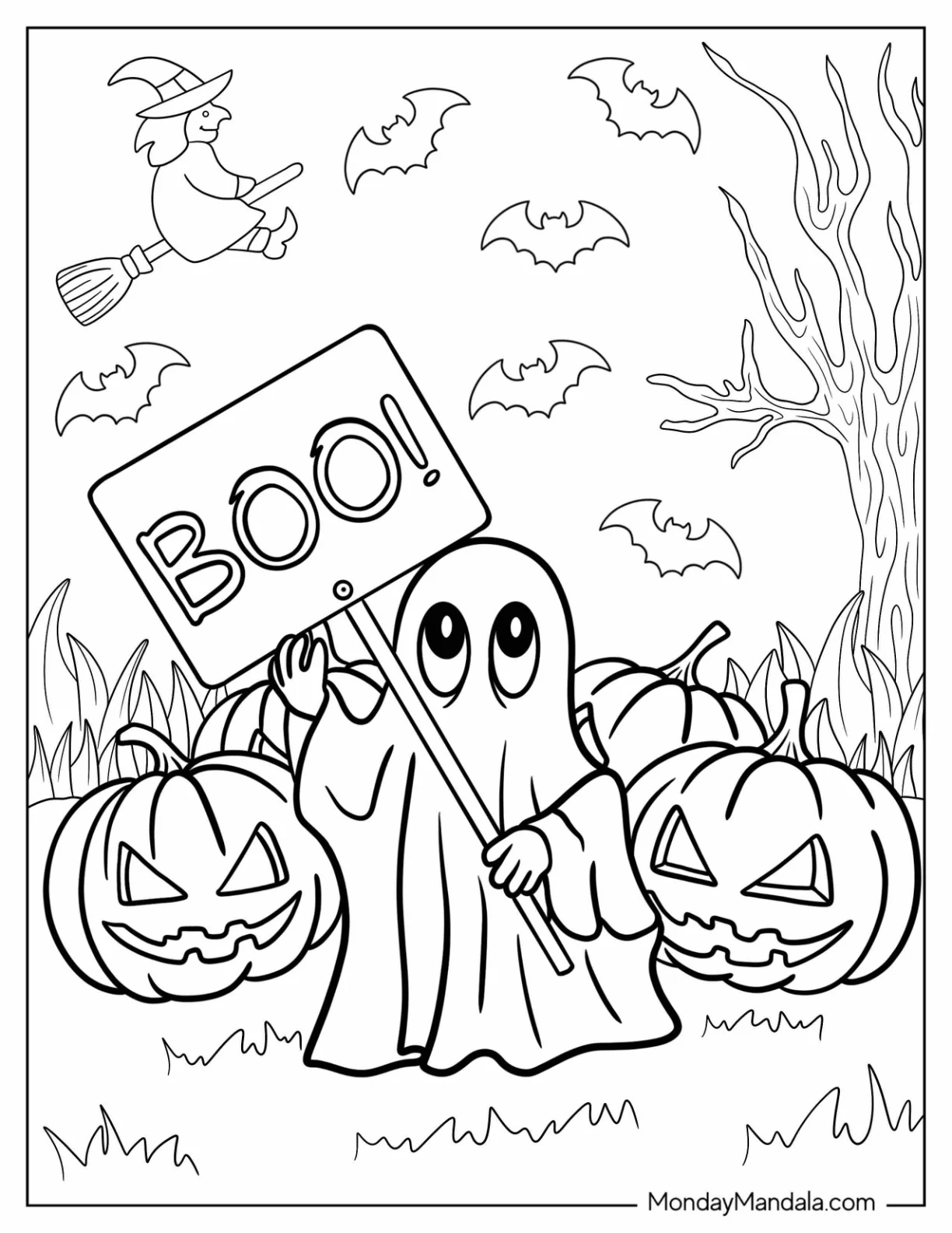 Blanket Ghost Coloring Page Holding A BOO Sign coloring page — printable line art