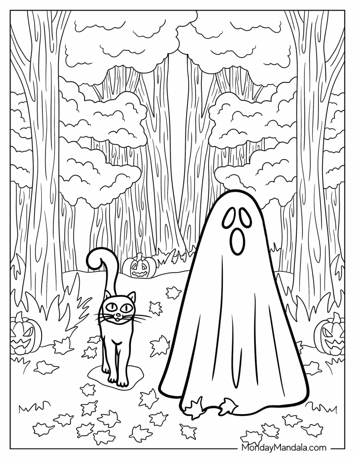 Blanket Ghost Coloring Page With A Cat In The Forest coloring page