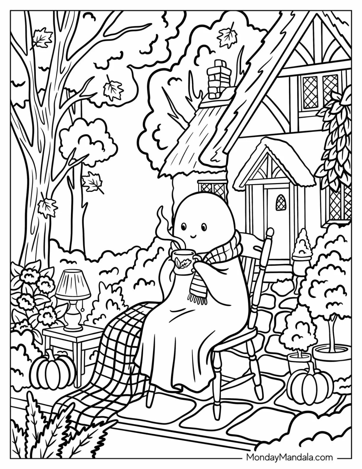 Cozy Ghost Drinking Tea Outside in Autumn coloring page