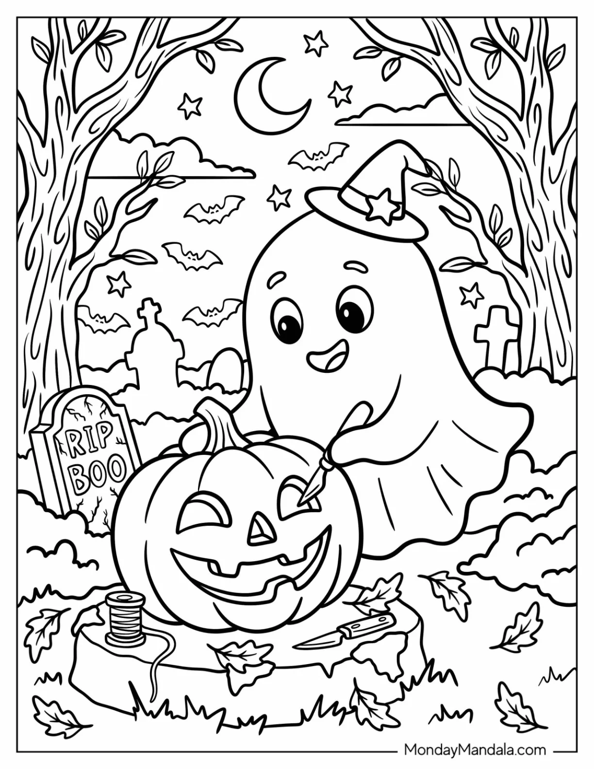 Creative Ghost Carving a Jack O Lantern Coloring Page coloring page — printable line art