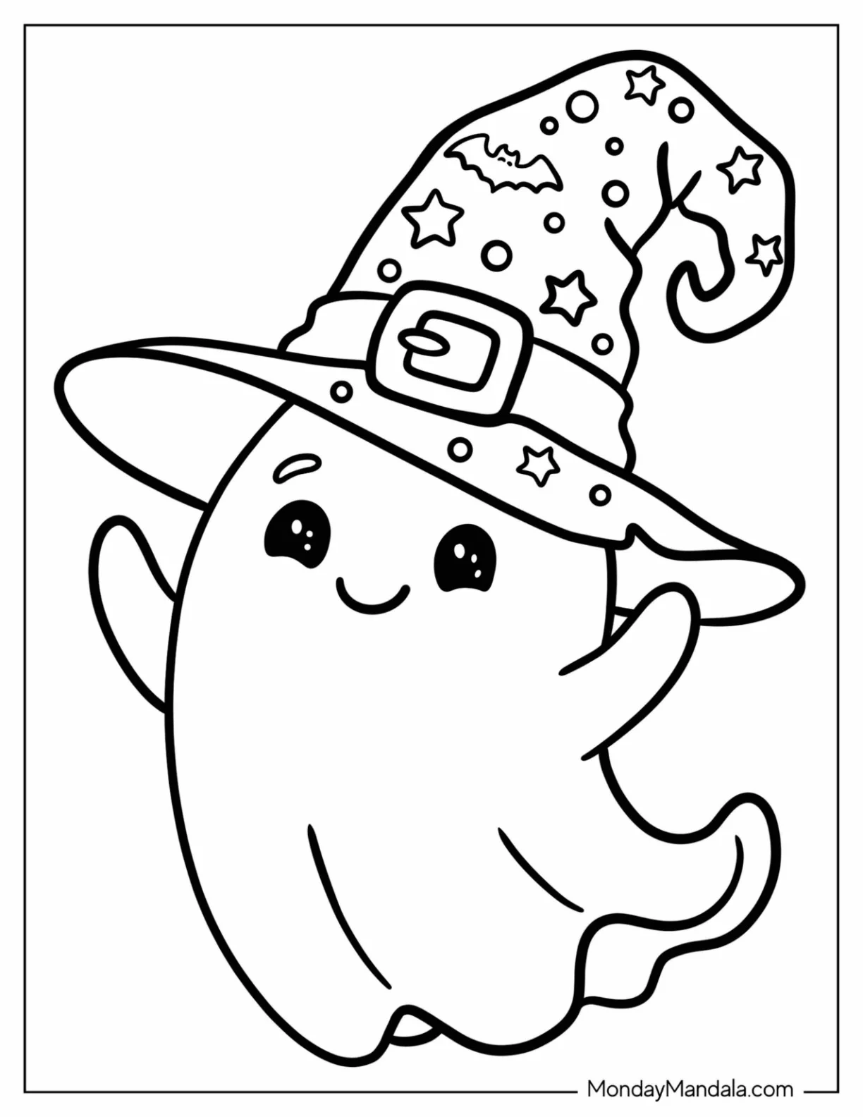 Cute Ghost Wearing a Starry Wizard s Hat Coloring Page for Preschoolers coloring page